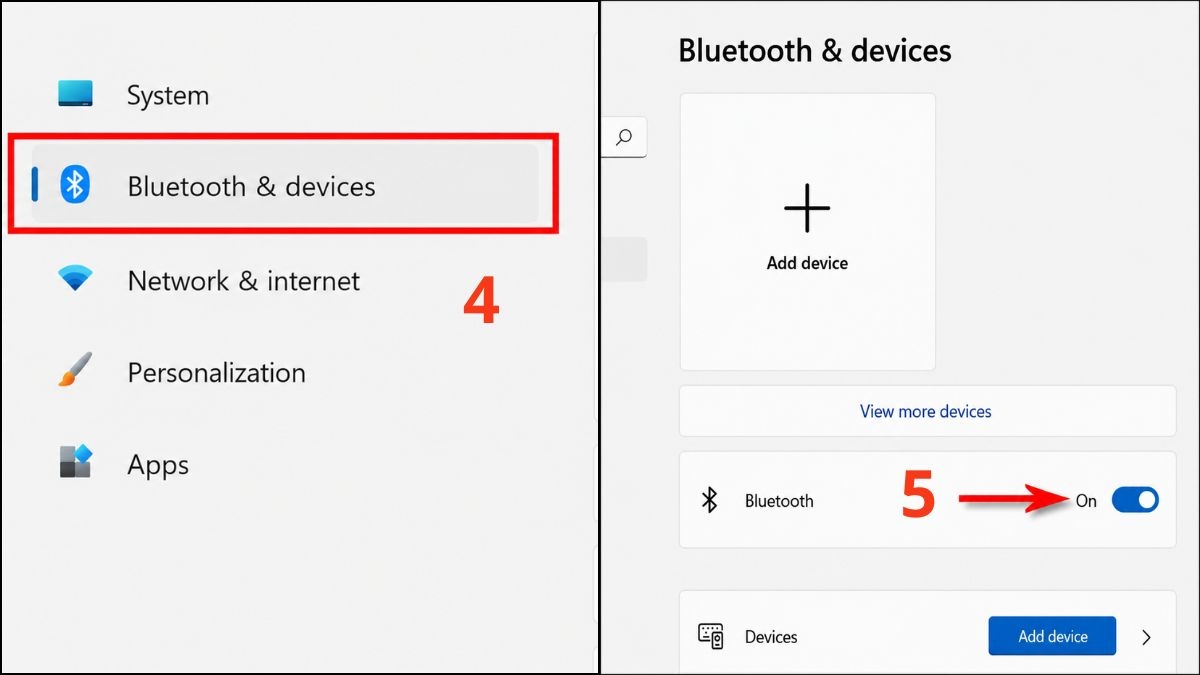 Trong Bluetooth & devices, bật Bluetooth