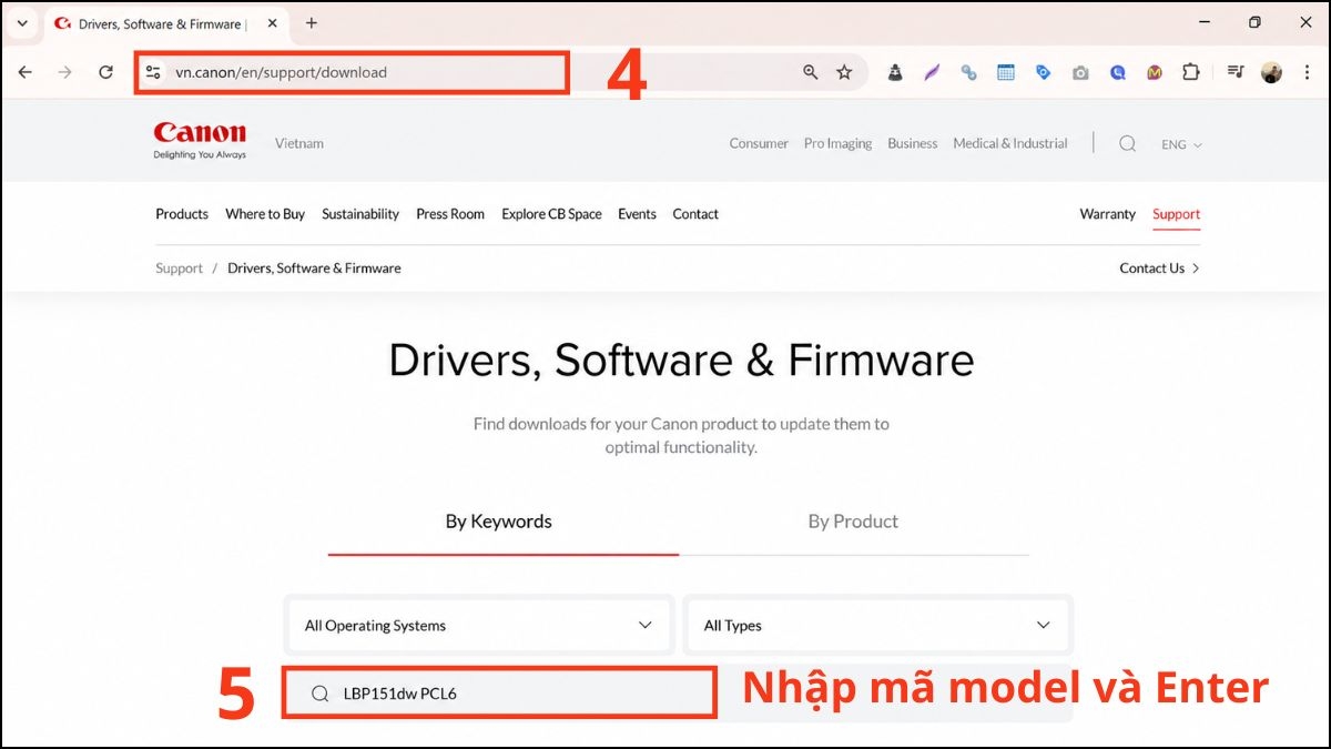 Truy cập vào website hãng, nhập chính xác mã model và nhấn Enter