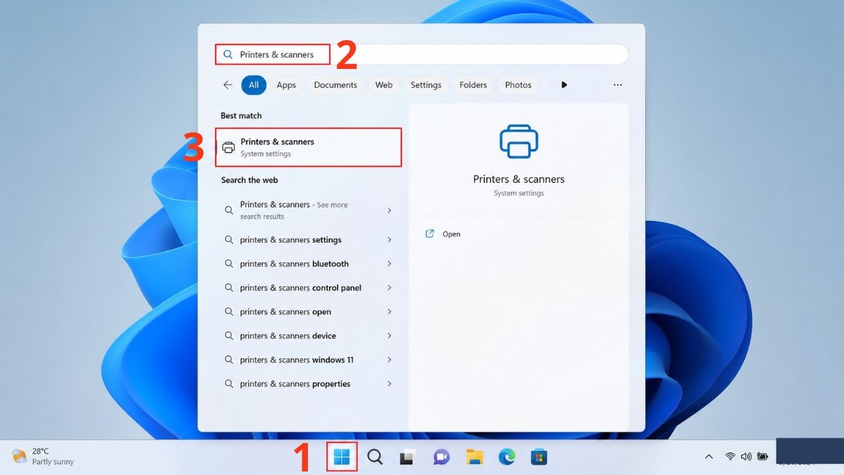 Mở Start Menu, tìm và truy cập Printers