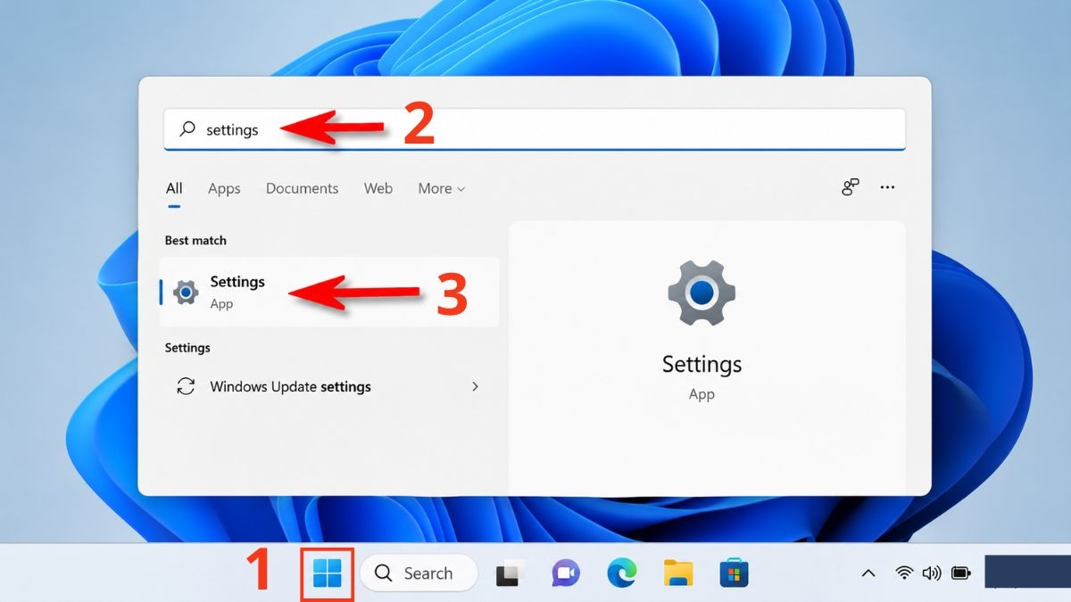 Tìm kiếm và mở Settings