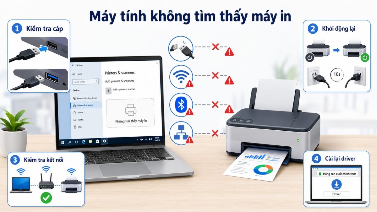 Các nguyên nhân và cách khắc phục lỗi máy tính không tìm thấy máy in