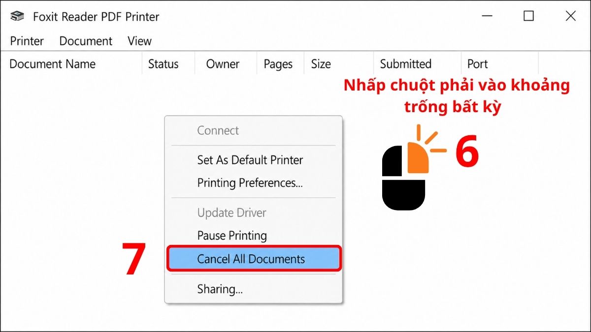 Chọn Cancel All Documents để hủy toàn bộ lệnh trong hàng đợi