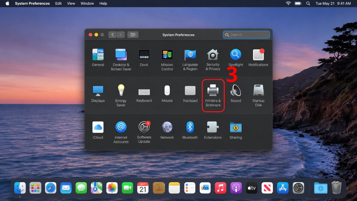 Chọn mục Printers & Scanners trong phần cài đặt macOS