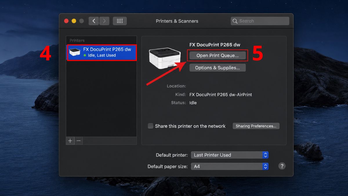 Chọn máy in đang dùng và mở hàng chờ in bằng Open Print Queue