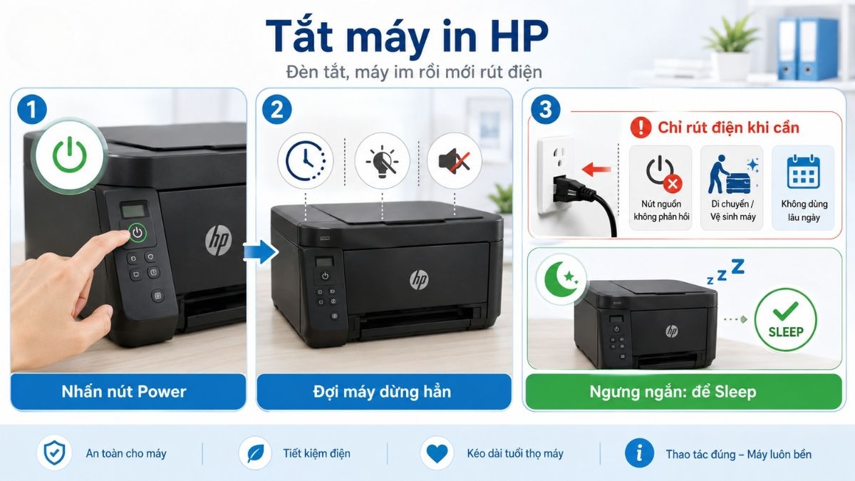 Cách tắt máy in HP an toàn, đúng cách