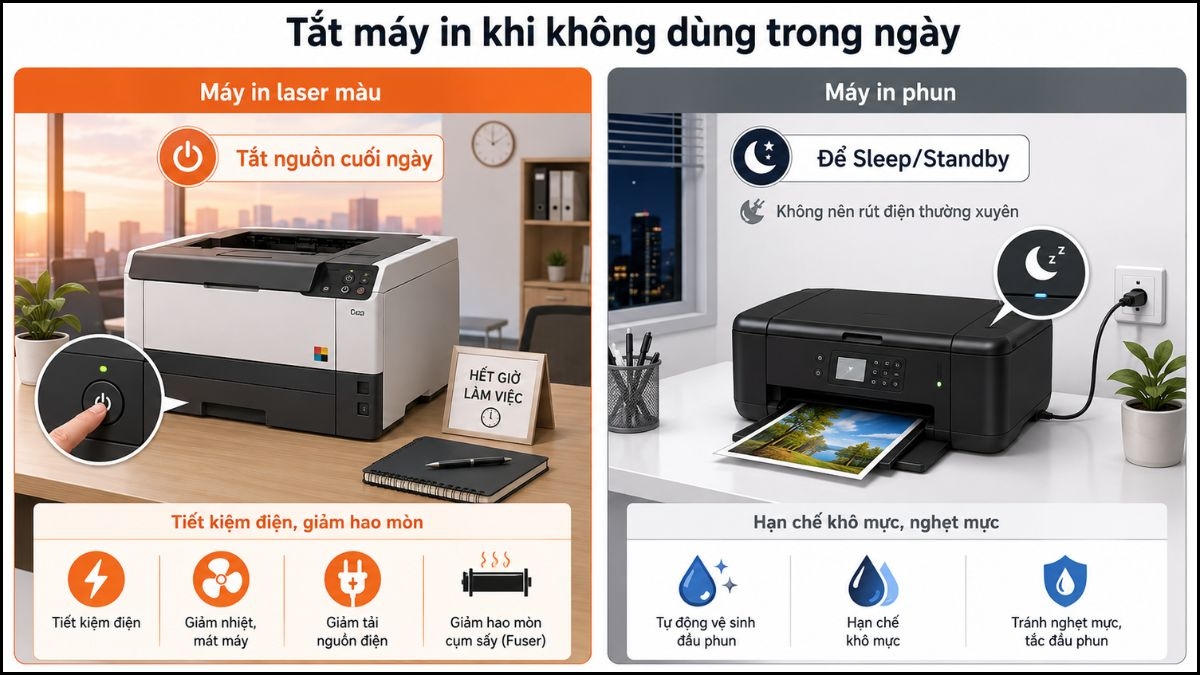 Tùy vào loại máy in và có cách tắt khác nhau khi không dùng trong ngày