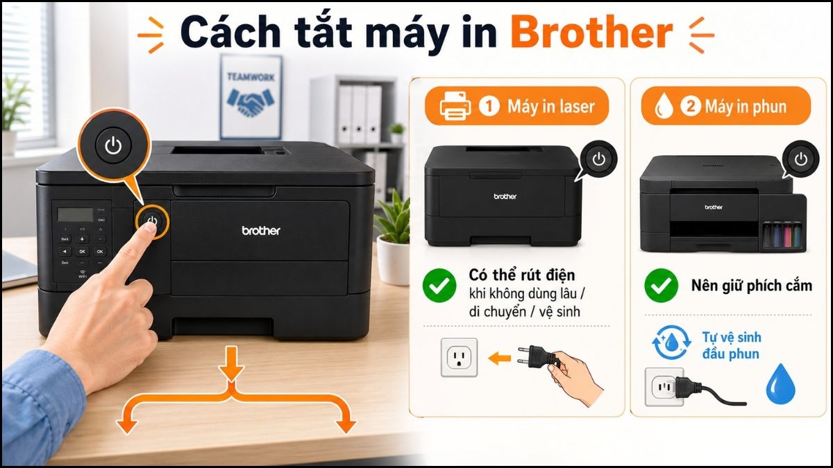 Thao tác tắt máy in Brother